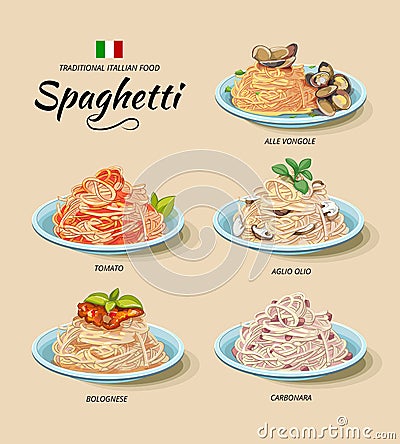 Spaghetti or pasta dishes vector set in cartoon Vector Illustration