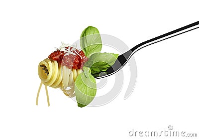 Spaghetti pasta fork with tomato basil Parmesan on white background Stock Photo