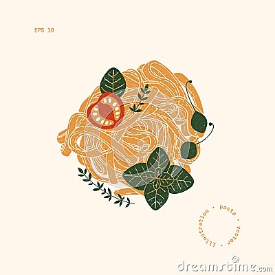 Spaghetti pasta illustration. Tagliatelle pasta with tomato and basil. Italian food. Vector Illustration