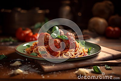 spaghetti pasta with meatballs in homemade tomato sauce on wooden table. AI generated Stock Photo