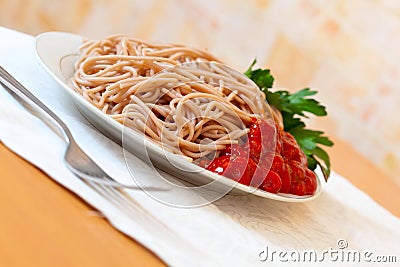 Spaghetti pasta with tomato catchup Stock Photo