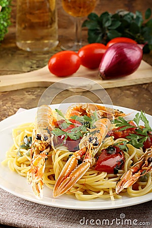 Spaghetti with prawns Stock Photo