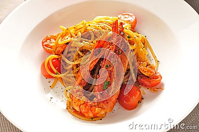 Spaghetti Prawns Stock Photo