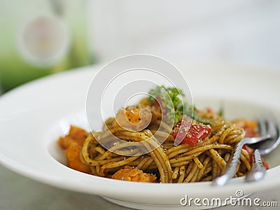 Spaghetti with Spicy chicken Mixed Seafood, food Stock Photo