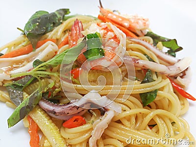 Spaghetti with spicy prawn Stock Photo