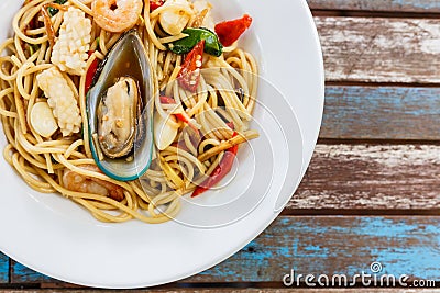 Spaghetti spicy seafood Stock Photo