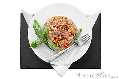 Spaghetti tuna pasta basil plate triangle shape slate table pretty Stock Photo