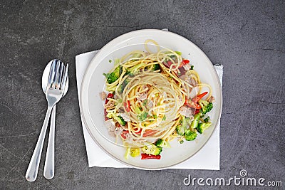 Food Spaghetti with vegetables, broccoli, room cooking, sesame seeds Stock Photo