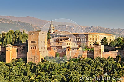 Spain Andalusia Granada View from Patio de la Acequia to Alhambra Overall view of Alcazaba City castle on the hill Sabikah Stock Photo