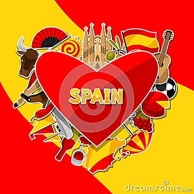 Spain background design. Spanish traditional sticker symbols and objects Vector Illustration