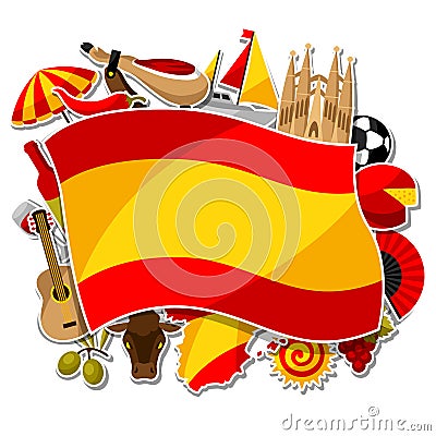 Spain background design. Spanish traditional sticker symbols and objects Vector Illustration