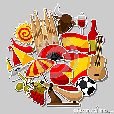 Spain background design. Spanish traditional sticker symbols and objects Vector Illustration