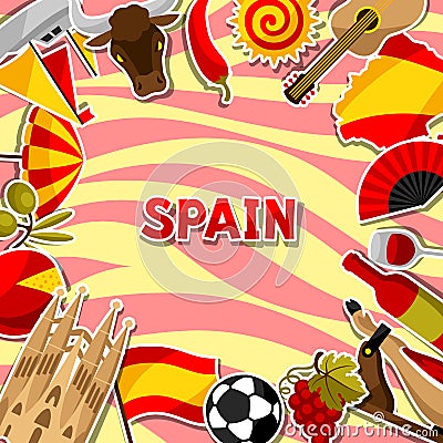 Spain background design. Spanish traditional sticker symbols and objects Vector Illustration