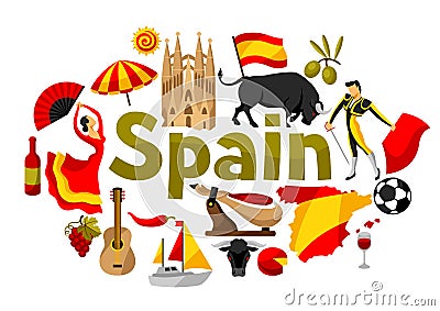Spain background design. Spanish traditional symbols and objects Vector Illustration