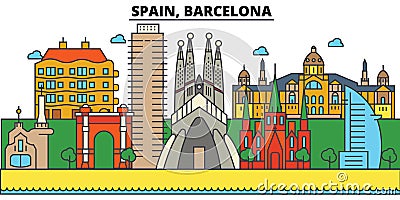 Spain, Barcelona. City skyline architecture . Editable Vector Illustration