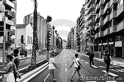 Spain Barcelona July 15, 2017. the streets are crowded with people, the historic district of the city for walking. monochrome Editorial Stock Photo