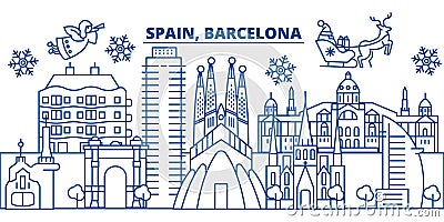 Spain, Barcelona winter city skyline. Merry Christmas, Vector Illustration