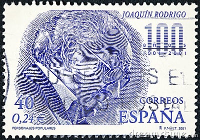 A stamp printed in Spain shows Joaquin Rodrigo Editorial Stock Photo