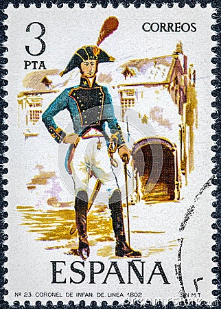 Stamp printed in Spain shows Colonel of infantry line 1802 Editorial Stock Photo