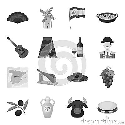 Spain country set icons in monochrome style. Big collection of Spain country vector symbol stock illustration Vector Illustration