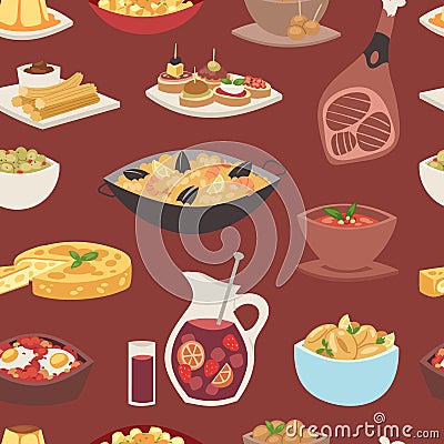 Spain cuisine vector food cookery traditional dish recipe spanish snack tapas crusty bread food gastronomy illustration Vector Illustration