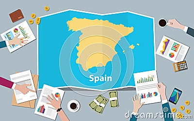 Spain economy country growth nation team discuss with fold maps view from top Cartoon Illustration