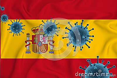 Spain flag. Blue viral cells, pandemic influenza virus epidemic infection, coronavirus, infection concept. 3d-rendering Stock Photo