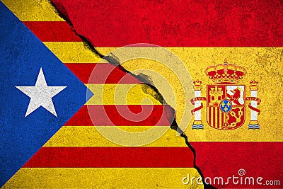 Spain flag on broken brick wall and half catalan flag, vote referendum for catalonia independence exit national crisis separatism Stock Photo