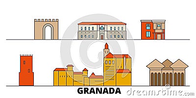 Spain, Granada flat landmarks vector illustration. Spain, Granada line city with famous travel sights, skyline, design. Vector Illustration