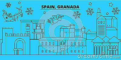 Spain, Granada winter holidays skyline. Merry Christmas, Happy New Year decorated banner with Santa Claus.Spain, Granada Vector Illustration