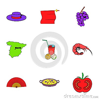 Spain icons set, cartoon style Vector Illustration