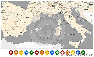 Spain and Italy Road Map and Colored Map Icons Vector Illustration