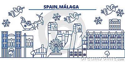 Spain, Malaga, Andalusia winter city skyline. Merry Vector Illustration