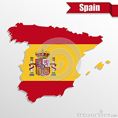 Spain map with Spain flag inside and ribbon Vector Illustration