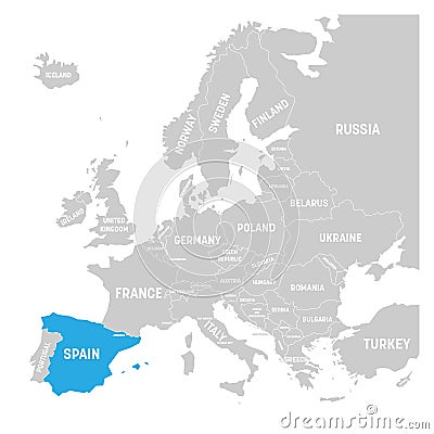 Spain marked by blue in grey political map of Europe. Vector illustration Vector Illustration