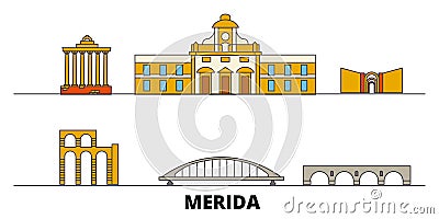 Spain, Merida flat landmarks vector illustration. Spain, Merida line city with famous travel sights, skyline, design. Vector Illustration