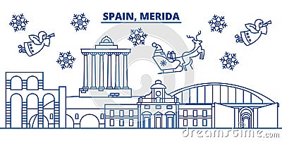 Spain, Merida winter city skyline. Merry Christmas, Happy Vector Illustration