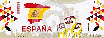 Map of Spain with typography red yellow color theme. Vector Illustration