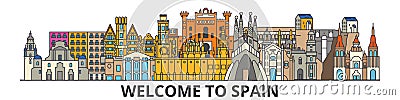 Spain outline skyline, spanish flat thin line icons, landmarks, illustrations. Spain cityscape, spanish travel city Vector Illustration