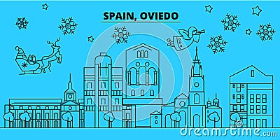 Spain, Oviedo winter holidays skyline. Merry Christmas, Happy New Year decorated banner with Santa Claus.Spain, Oviedo Vector Illustration