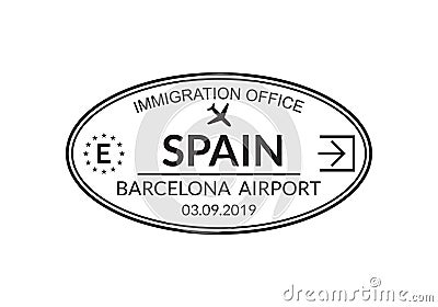 Spain passport stamp. Visa stamp for travel. Barcelona international airport grunge sign. Vector Illustration