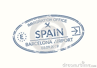 Spain passport stamp. Visa stamp for travel. Barcelona international airport grunge sign. Vector Illustration