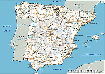 High detailed Spain road map with labeling. Vector Illustration