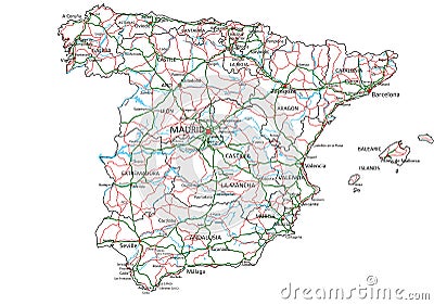 High detailed Spain road map with labeling. Vector Illustration