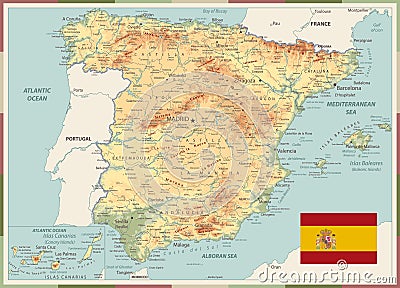 Spain Physical Map Old Colors Vector Illustration