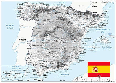 Spain Physical Map White and Gray Colors Vector Illustration