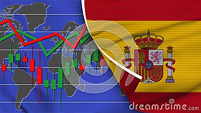 Spain Realistic Flag, Stock Finance Market, World Map, Fabric Texture 3D Illustration Stock Photo