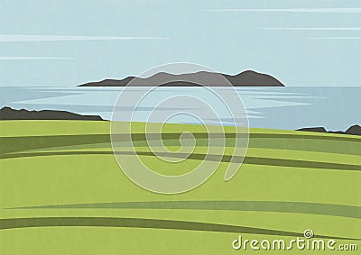 Spain rural landscape scene with green field. Skyline with clouds near sea. Spring season Galicia countryside scenery. Vector Illustration