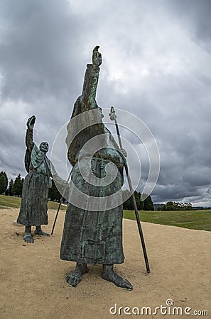 Spain Santiago de Compostela, Mount Gozo and the bronze statues of pilgrims Stock Photo