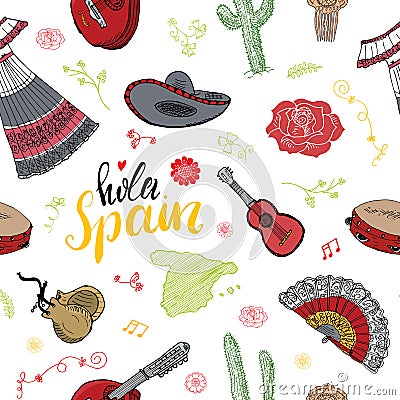 Spain seamless pattern doodle elements, Hand drawn sketch spanish traditional guitars, dress and music instruments, map of spain a Vector Illustration